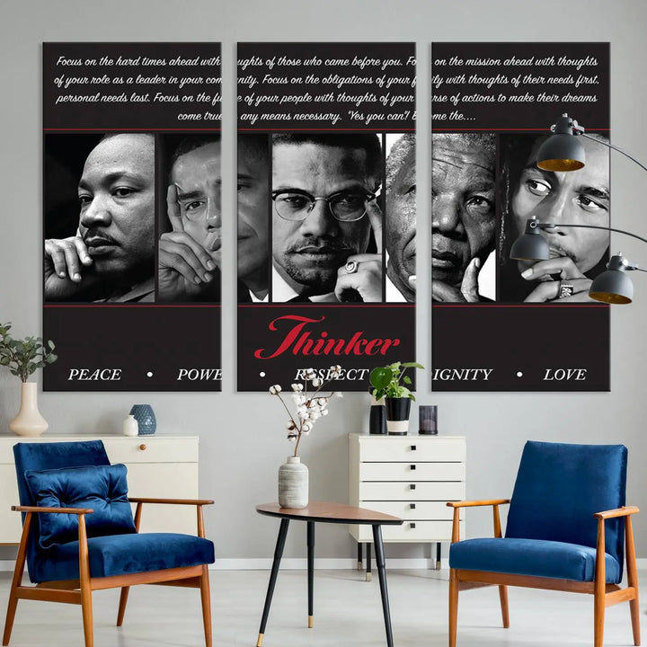 This framed and ready-to-hang wall art, titled "Thinkers of Change," features black and white portraits of five iconic individuals, including Martin Luther King Jr., and is labeled with inspiring themes such as Peace, Power, and Respect.