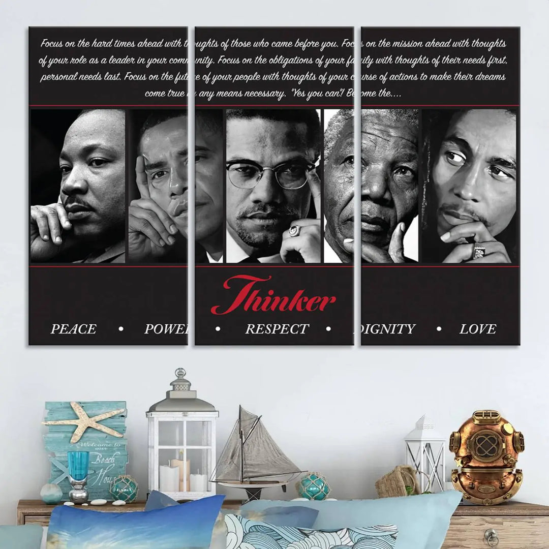 This framed and ready-to-hang wall art, titled "Thinkers of Change," features black and white portraits of five iconic individuals, including Martin Luther King Jr., and is labeled with inspiring themes such as Peace, Power, and Respect.