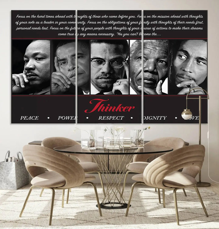 This framed and ready-to-hang wall art, titled "Thinkers of Change," features black and white portraits of five iconic individuals, including Martin Luther King Jr., and is labeled with inspiring themes such as Peace, Power, and Respect.