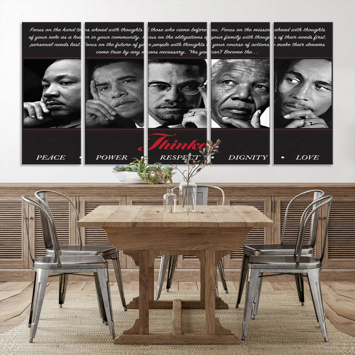 This framed and ready-to-hang wall art, titled "Thinkers of Change," features black and white portraits of five iconic individuals, including Martin Luther King Jr., and is labeled with inspiring themes such as Peace, Power, and Respect.