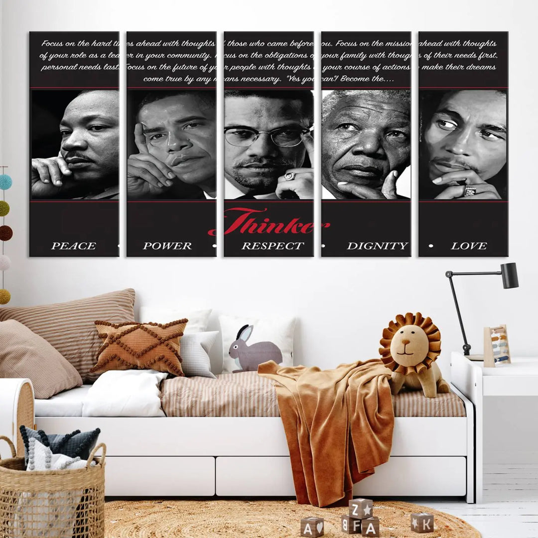 This framed and ready-to-hang wall art, titled "Thinkers of Change," features black and white portraits of five iconic individuals, including Martin Luther King Jr., and is labeled with inspiring themes such as Peace, Power, and Respect.