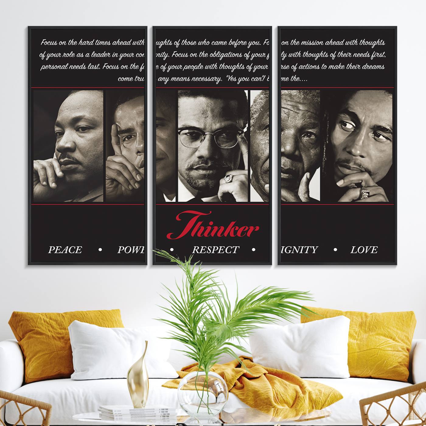 41417-MGV-FC-48X32-3P_Black-Thinkers of Wall Art Canvas Print - Inspirational Wall Art Featuring Icons of Peace, Power, and Respect | Framed & Ready to Hang