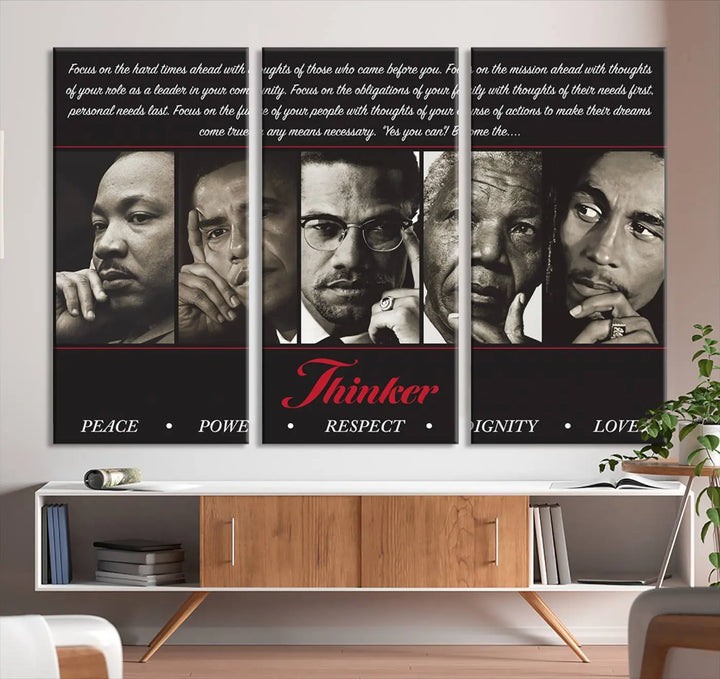 This striking Thinkers of Wall Art Canvas Print features black and white portraits of iconic figures, adorned with empowering words like Peace, Power, and Respect. It's the perfect piece to spark conversations filled with dignity, love, and thoughtfulness. Framed and ready to hang for your convenience.