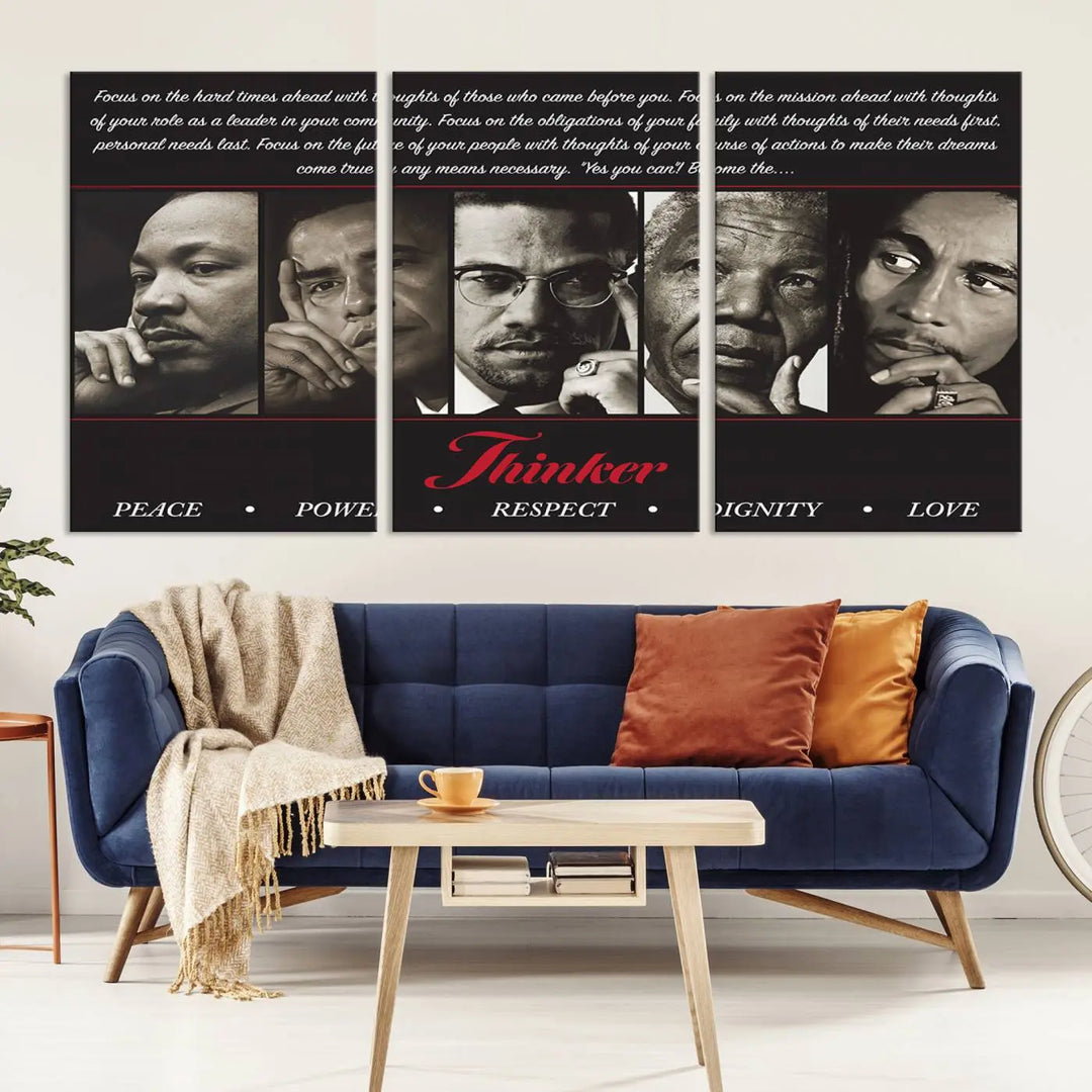 This striking Thinkers of Wall Art Canvas Print features black and white portraits of iconic figures, adorned with empowering words like Peace, Power, and Respect. It's the perfect piece to spark conversations filled with dignity, love, and thoughtfulness. Framed and ready to hang for your convenience.