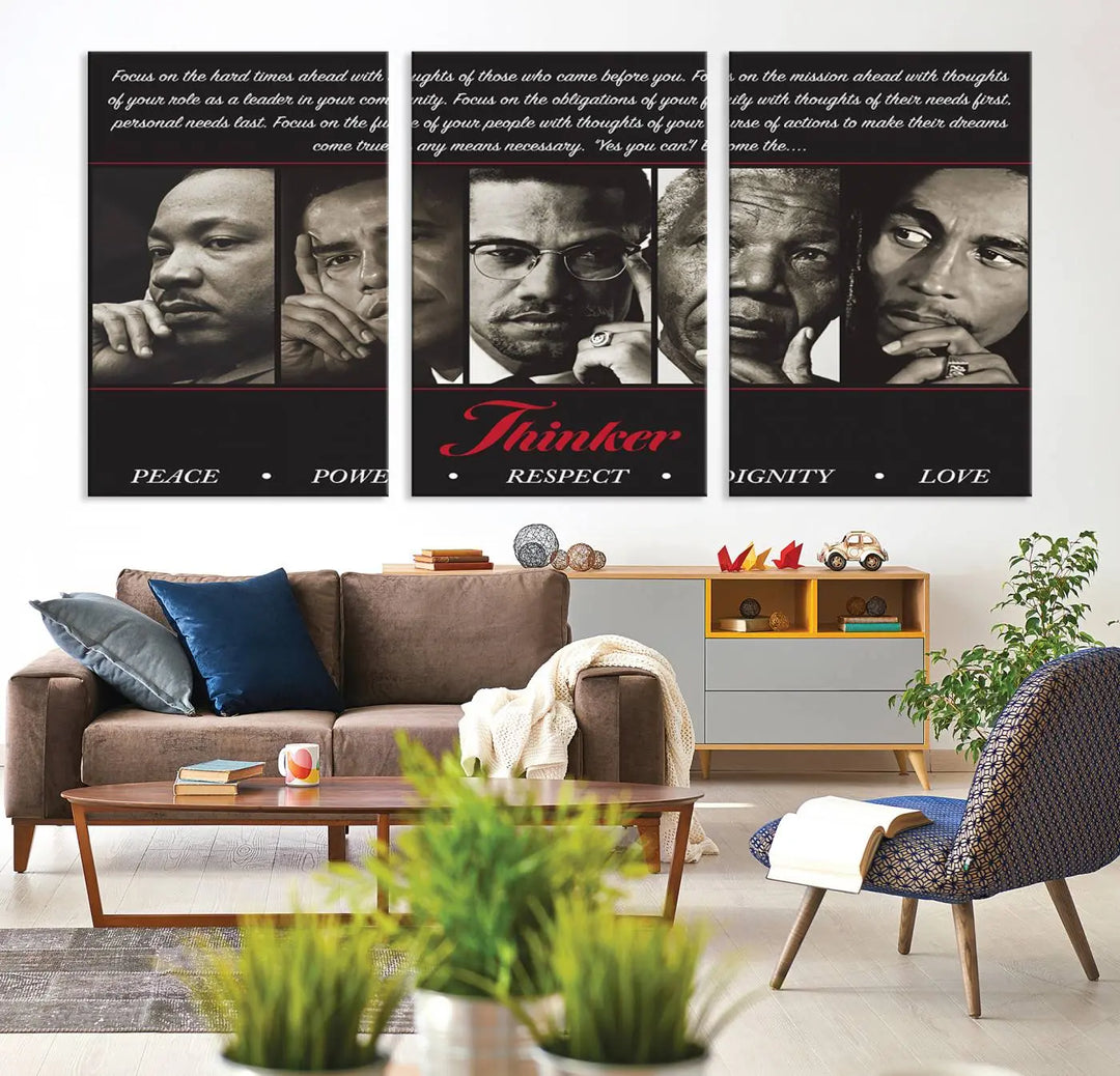 This striking Thinkers of Wall Art Canvas Print features black and white portraits of iconic figures, adorned with empowering words like Peace, Power, and Respect. It's the perfect piece to spark conversations filled with dignity, love, and thoughtfulness. Framed and ready to hang for your convenience.