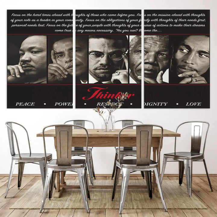 This striking Thinkers of Wall Art Canvas Print features black and white portraits of iconic figures, adorned with empowering words like Peace, Power, and Respect. It's the perfect piece to spark conversations filled with dignity, love, and thoughtfulness. Framed and ready to hang for your convenience.