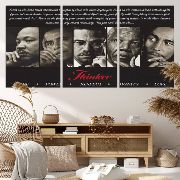 This striking Thinkers of Wall Art Canvas Print features black and white portraits of iconic figures, adorned with empowering words like Peace, Power, and Respect. It's the perfect piece to spark conversations filled with dignity, love, and thoughtfulness. Framed and ready to hang for your convenience.