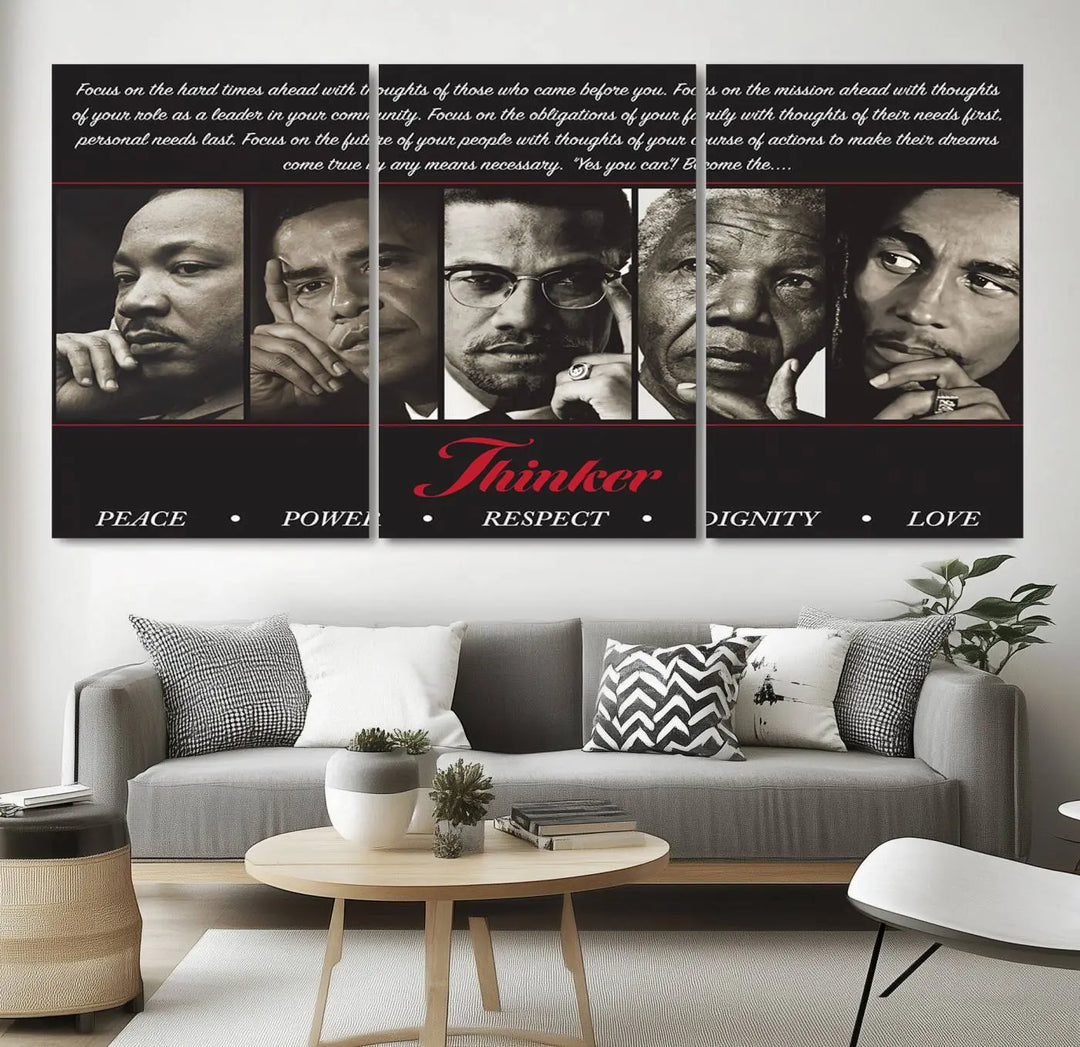 This striking Thinkers of Wall Art Canvas Print features black and white portraits of iconic figures, adorned with empowering words like Peace, Power, and Respect. It's the perfect piece to spark conversations filled with dignity, love, and thoughtfulness. Framed and ready to hang for your convenience.