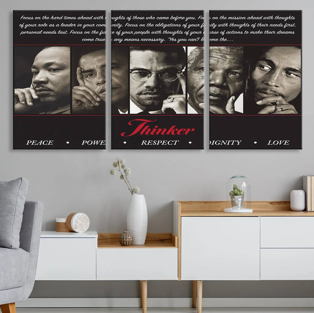 This striking Thinkers of Wall Art Canvas Print features black and white portraits of iconic figures, adorned with empowering words like Peace, Power, and Respect. It's the perfect piece to spark conversations filled with dignity, love, and thoughtfulness. Framed and ready to hang for your convenience.