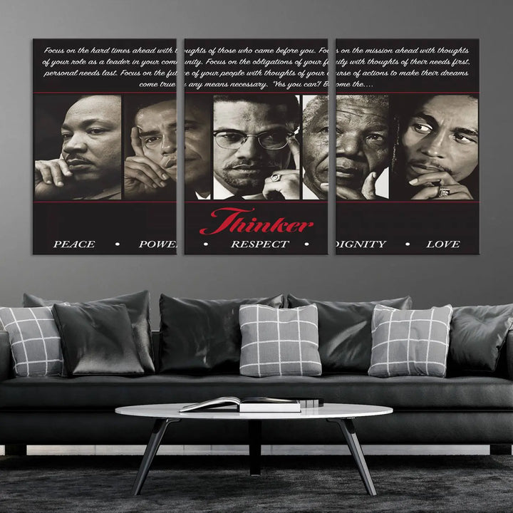 This striking Thinkers of Wall Art Canvas Print features black and white portraits of iconic figures, adorned with empowering words like Peace, Power, and Respect. It's the perfect piece to spark conversations filled with dignity, love, and thoughtfulness. Framed and ready to hang for your convenience.