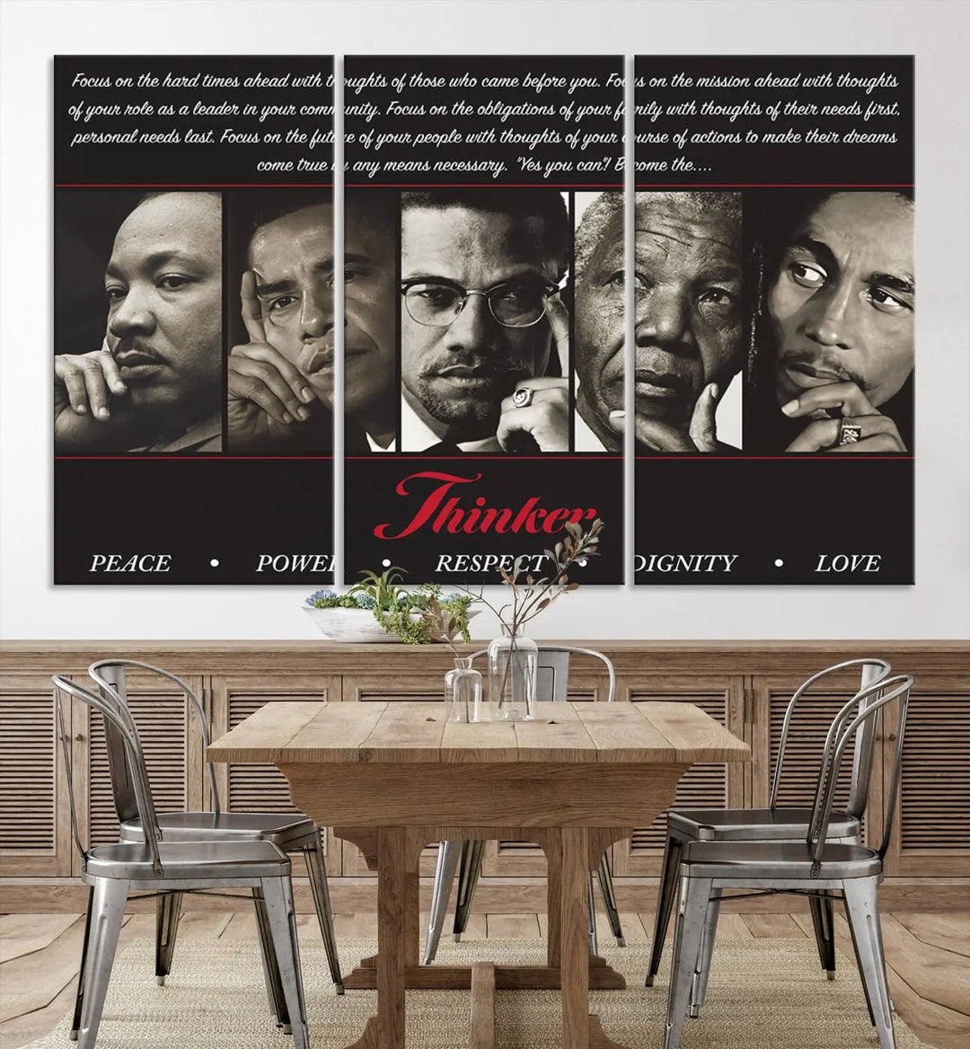 This striking Thinkers of Wall Art Canvas Print features black and white portraits of iconic figures, adorned with empowering words like Peace, Power, and Respect. It's the perfect piece to spark conversations filled with dignity, love, and thoughtfulness. Framed and ready to hang for your convenience.