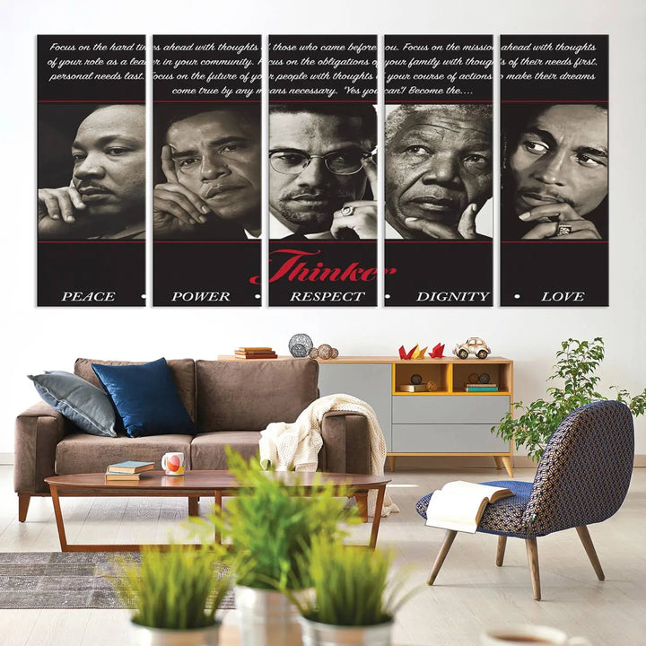 This striking Thinkers of Wall Art Canvas Print features black and white portraits of iconic figures, adorned with empowering words like Peace, Power, and Respect. It's the perfect piece to spark conversations filled with dignity, love, and thoughtfulness. Framed and ready to hang for your convenience.