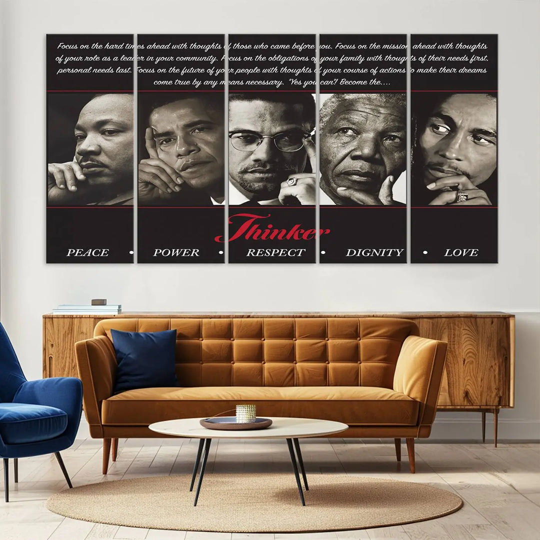 This striking Thinkers of Wall Art Canvas Print features black and white portraits of iconic figures, adorned with empowering words like Peace, Power, and Respect. It's the perfect piece to spark conversations filled with dignity, love, and thoughtfulness. Framed and ready to hang for your convenience.