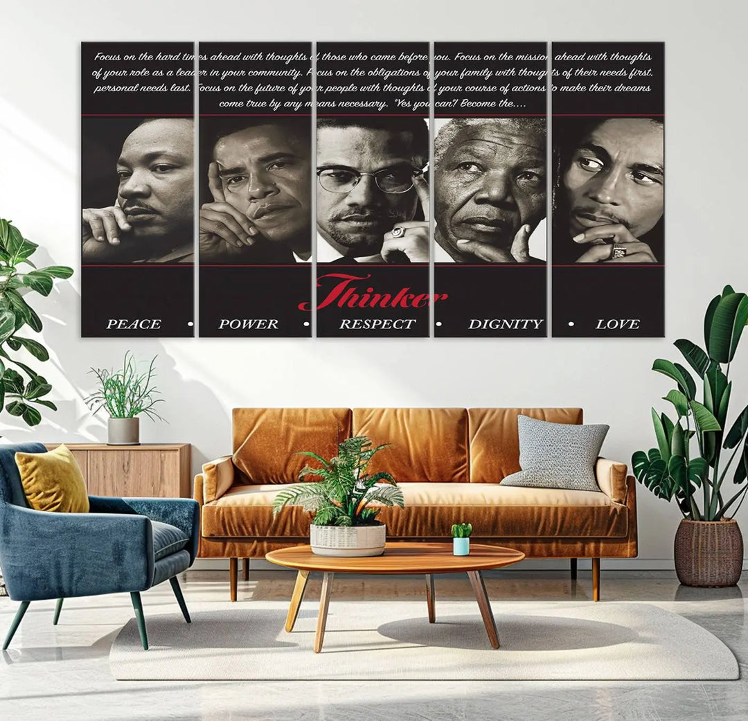 This striking Thinkers of Wall Art Canvas Print features black and white portraits of iconic figures, adorned with empowering words like Peace, Power, and Respect. It's the perfect piece to spark conversations filled with dignity, love, and thoughtfulness. Framed and ready to hang for your convenience.