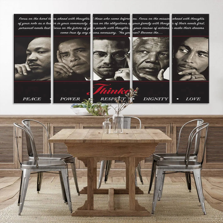 This striking Thinkers of Wall Art Canvas Print features black and white portraits of iconic figures, adorned with empowering words like Peace, Power, and Respect. It's the perfect piece to spark conversations filled with dignity, love, and thoughtfulness. Framed and ready to hang for your convenience.