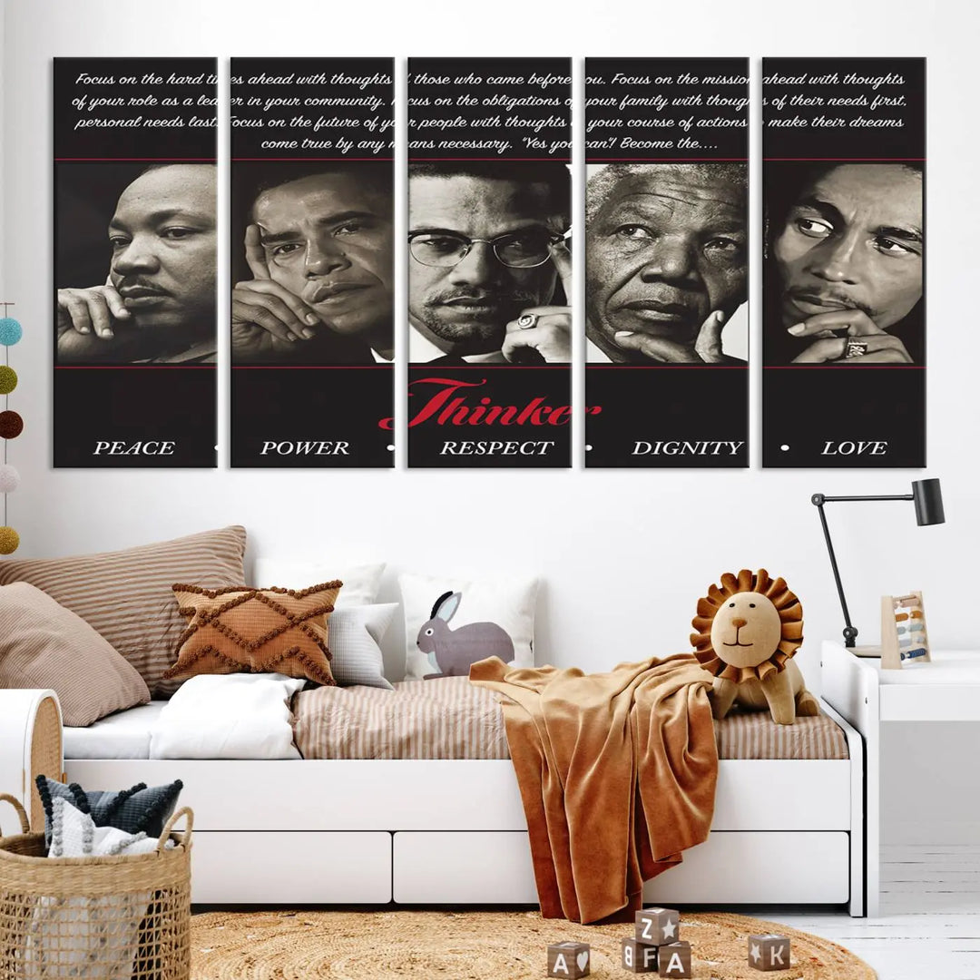 This striking Thinkers of Wall Art Canvas Print features black and white portraits of iconic figures, adorned with empowering words like Peace, Power, and Respect. It's the perfect piece to spark conversations filled with dignity, love, and thoughtfulness. Framed and ready to hang for your convenience.