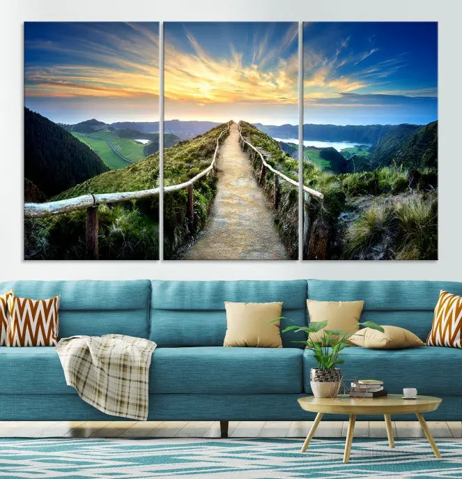 The Thrilling Path to Sunset Wall Art Landscape Canvas Print, displayed as a triptych on museum-quality canvases, adds a captivating touch to the living room.