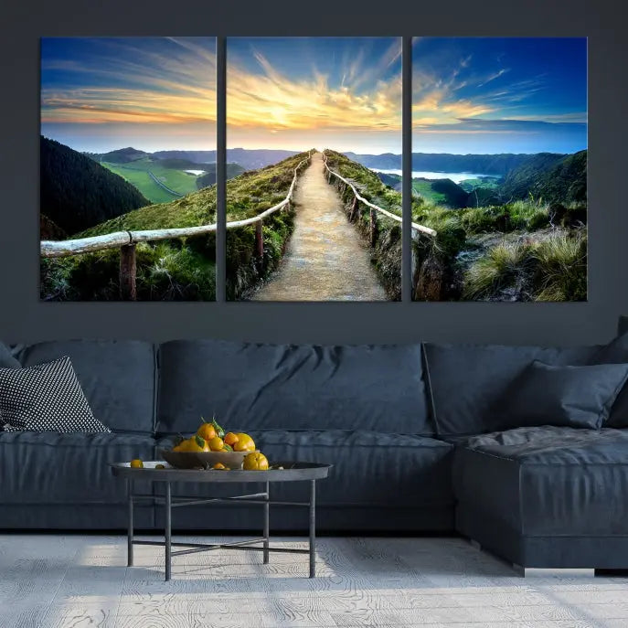 The Thrilling Path to Sunset Wall Art Landscape Canvas Print, displayed as a triptych on museum-quality canvases, adds a captivating touch to the living room.