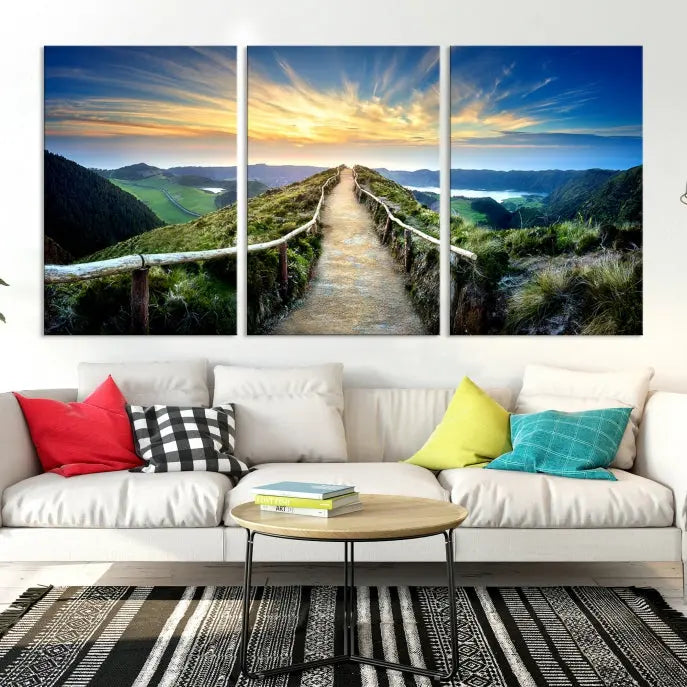 The Thrilling Path to Sunset Wall Art Landscape Canvas Print, displayed as a triptych on museum-quality canvases, adds a captivating touch to the living room.