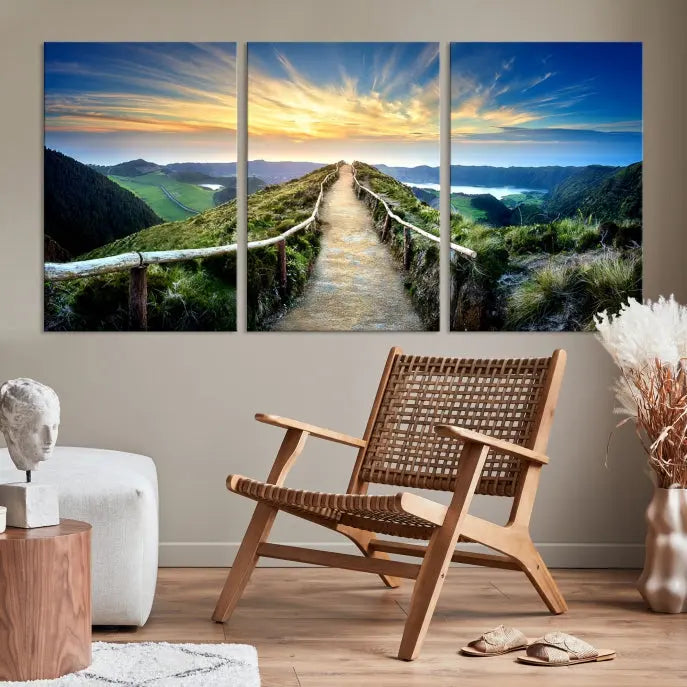 The Thrilling Path to Sunset Wall Art Landscape Canvas Print, displayed as a triptych on museum-quality canvases, adds a captivating touch to the living room.