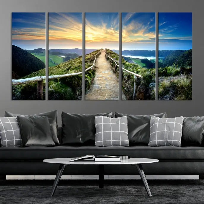 The Thrilling Path to Sunset Wall Art Landscape Canvas Print, displayed as a triptych on museum-quality canvases, adds a captivating touch to the living room.