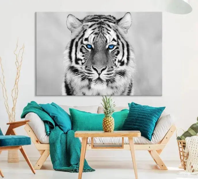 A striking triptych titled "Tiger Canvas Artwork Wall Art Print" showcases a white tiger with captivating blue eyes. This museum-quality, gallery-wrapped canvas stands out elegantly on its own, crafting a sophisticated visual experience.