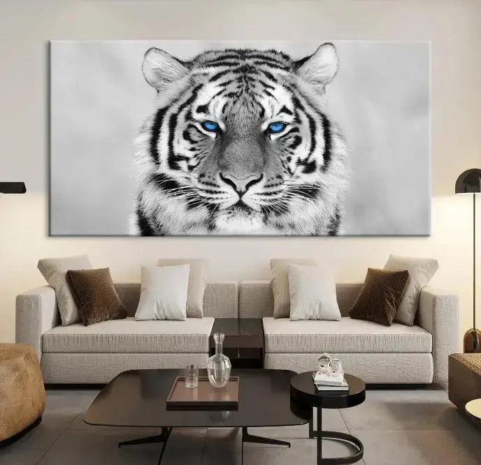 A striking triptych titled "Tiger Canvas Artwork Wall Art Print" showcases a white tiger with captivating blue eyes. This museum-quality, gallery-wrapped canvas stands out elegantly on its own, crafting a sophisticated visual experience.