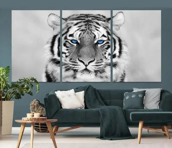 A striking triptych titled "Tiger Canvas Artwork Wall Art Print" showcases a white tiger with captivating blue eyes. This museum-quality, gallery-wrapped canvas stands out elegantly on its own, crafting a sophisticated visual experience.