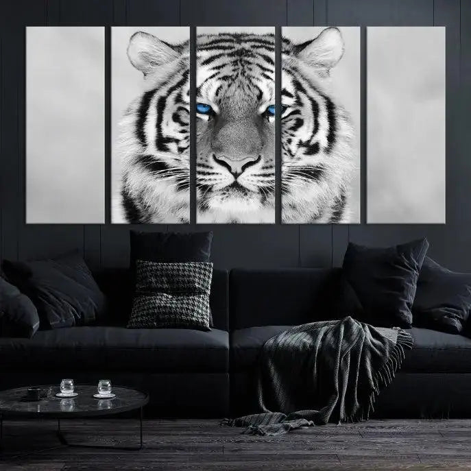 A striking triptych titled "Tiger Canvas Artwork Wall Art Print" showcases a white tiger with captivating blue eyes. This museum-quality, gallery-wrapped canvas stands out elegantly on its own, crafting a sophisticated visual experience.