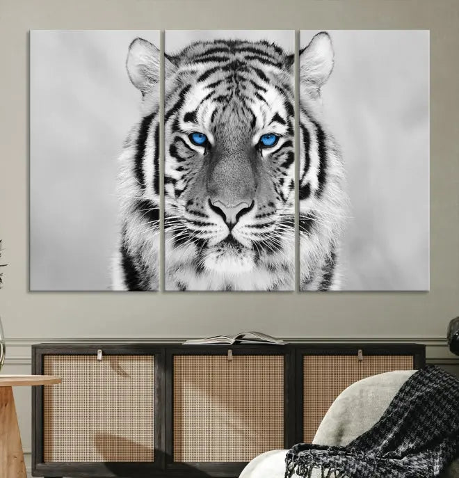 A striking triptych titled "Tiger Canvas Artwork Wall Art Print" showcases a white tiger with captivating blue eyes. This museum-quality, gallery-wrapped canvas stands out elegantly on its own, crafting a sophisticated visual experience.