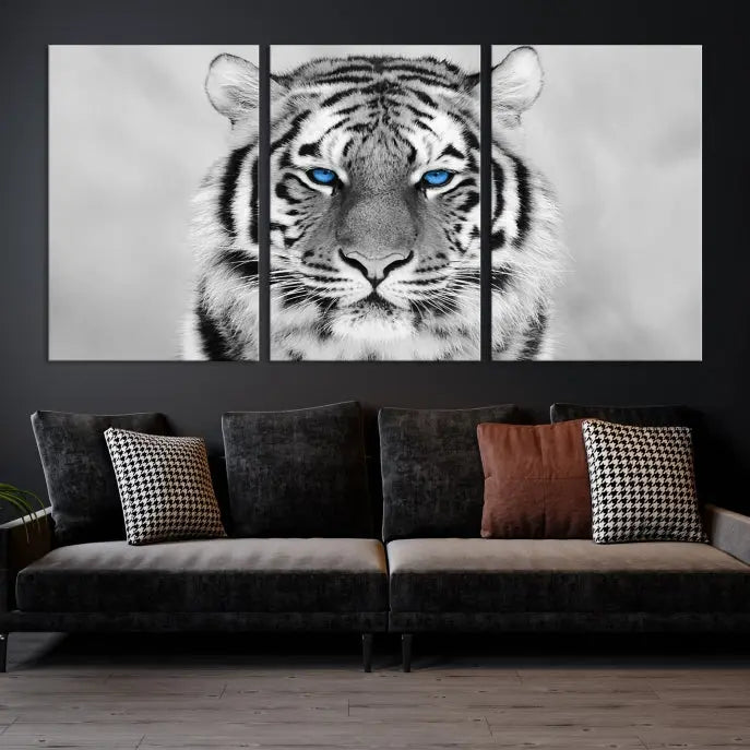 A striking triptych titled "Tiger Canvas Artwork Wall Art Print" showcases a white tiger with captivating blue eyes. This museum-quality, gallery-wrapped canvas stands out elegantly on its own, crafting a sophisticated visual experience.