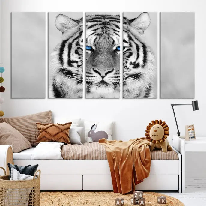 A striking triptych titled "Tiger Canvas Artwork Wall Art Print" showcases a white tiger with captivating blue eyes. This museum-quality, gallery-wrapped canvas stands out elegantly on its own, crafting a sophisticated visual experience.