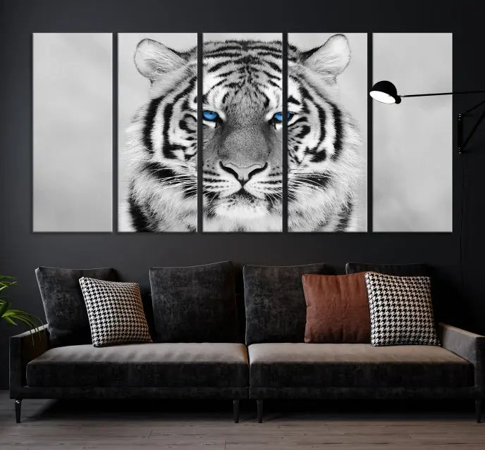 A striking triptych titled "Tiger Canvas Artwork Wall Art Print" showcases a white tiger with captivating blue eyes. This museum-quality, gallery-wrapped canvas stands out elegantly on its own, crafting a sophisticated visual experience.