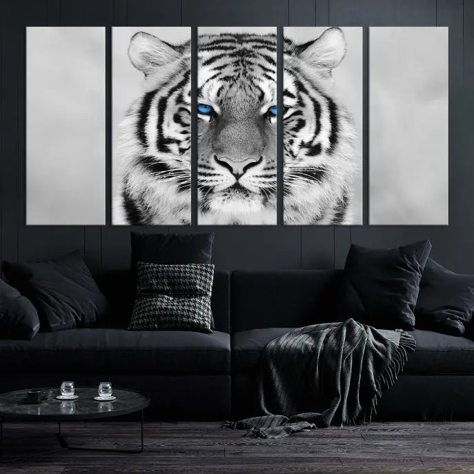 A striking triptych titled "Tiger Canvas Artwork Wall Art Print" showcases a white tiger with captivating blue eyes. This museum-quality, gallery-wrapped canvas stands out elegantly on its own, crafting a sophisticated visual experience.