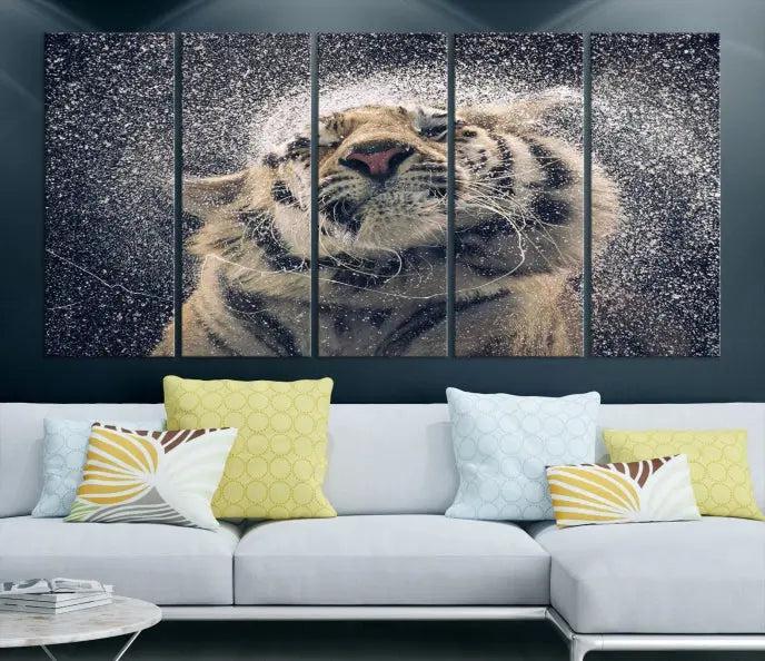 The "Tiger and Rain Canvas Print," featuring a triptych design of a tiger shaking off water, is printed on museum-quality canvas with gallery-wrapped edges.