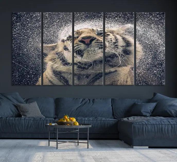 The "Tiger and Rain Canvas Print," featuring a triptych design of a tiger shaking off water, is printed on museum-quality canvas with gallery-wrapped edges.