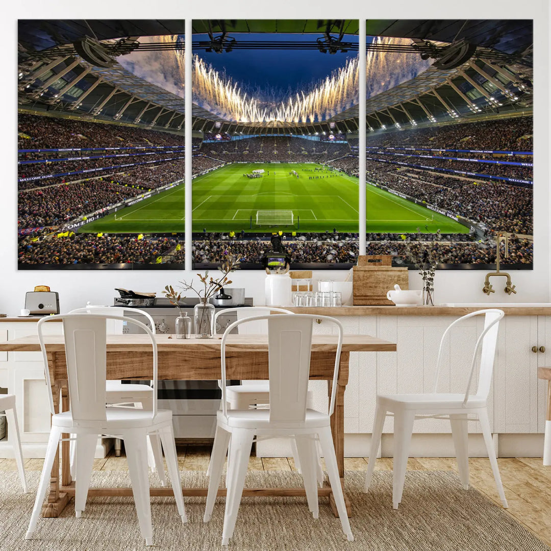 A triptych of the Tottenham Hotspur Football Team Print – London Tottenham Hotspur Stadium Wall Art Canvas Print, depicting a packed stadium with fireworks, is displayed in a modern, light-filled room.