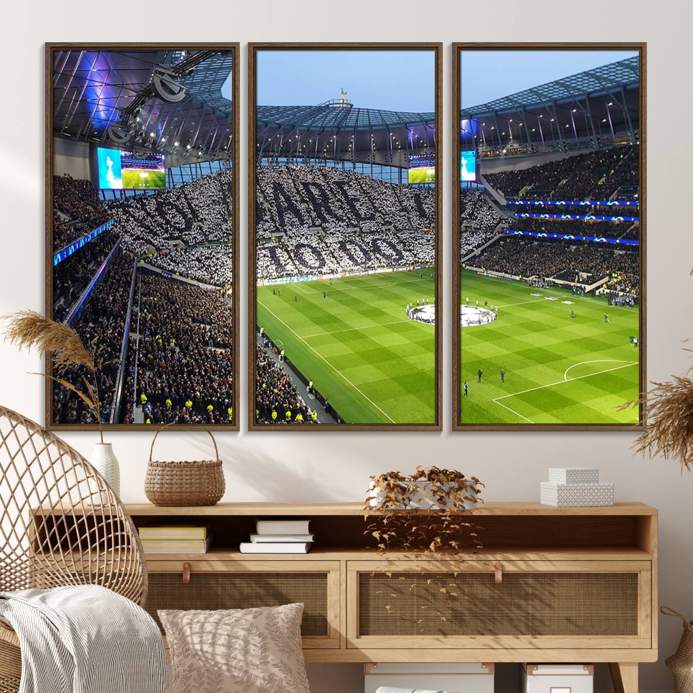 38765-MGV-FC-48X32-3P_Walnut-Tottenham Hotspur Stadium Canvas Print, Match Day Triple Canvas Wall Art - Premier League Football