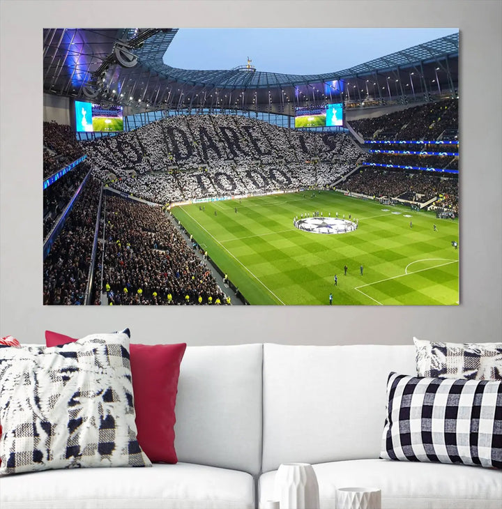 The Tottenham Hotspur Stadium Match Day Triple Canvas Wall Art - Premier League Football perfectly captures a vibrant stadium crowd spelling out "Dare" with cards, overlooking the soccer field. This piece embodies the essence of a true football enthusiast's space, reminiscent of thrilling moments at the Tottenham Hotspur Stadium.