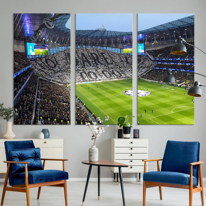 The Tottenham Hotspur Stadium Match Day Triple Canvas Wall Art - Premier League Football perfectly captures a vibrant stadium crowd spelling out "Dare" with cards, overlooking the soccer field. This piece embodies the essence of a true football enthusiast's space, reminiscent of thrilling moments at the Tottenham Hotspur Stadium.