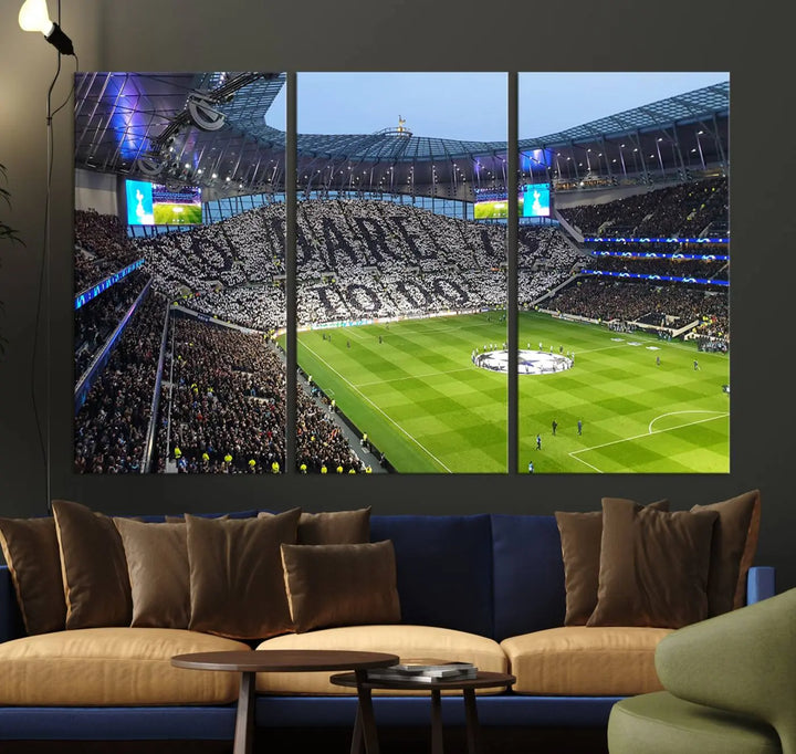 The Tottenham Hotspur Stadium Match Day Triple Canvas Wall Art - Premier League Football perfectly captures a vibrant stadium crowd spelling out "Dare" with cards, overlooking the soccer field. This piece embodies the essence of a true football enthusiast's space, reminiscent of thrilling moments at the Tottenham Hotspur Stadium.