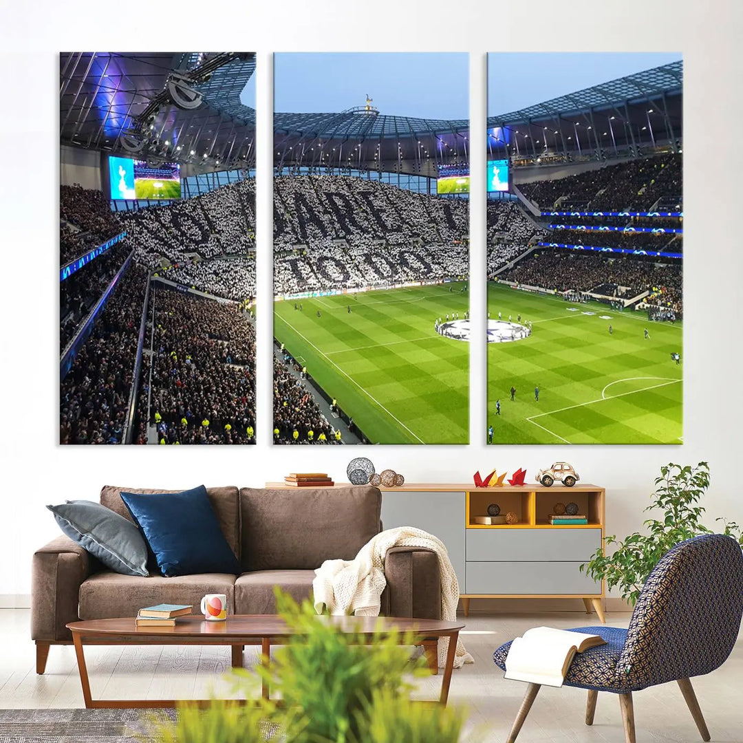 The Tottenham Hotspur Stadium Match Day Triple Canvas Wall Art - Premier League Football perfectly captures a vibrant stadium crowd spelling out "Dare" with cards, overlooking the soccer field. This piece embodies the essence of a true football enthusiast's space, reminiscent of thrilling moments at the Tottenham Hotspur Stadium.