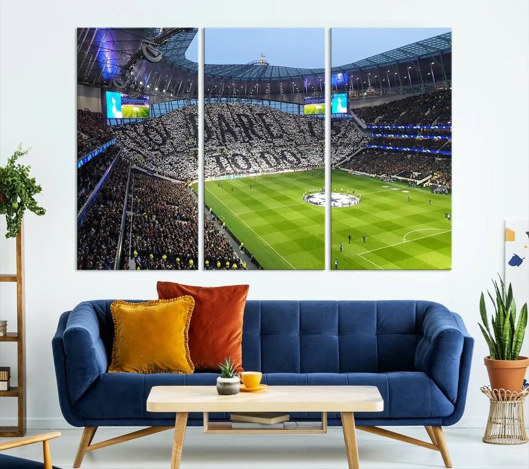 The Tottenham Hotspur Stadium Match Day Triple Canvas Wall Art - Premier League Football perfectly captures a vibrant stadium crowd spelling out "Dare" with cards, overlooking the soccer field. This piece embodies the essence of a true football enthusiast's space, reminiscent of thrilling moments at the Tottenham Hotspur Stadium.