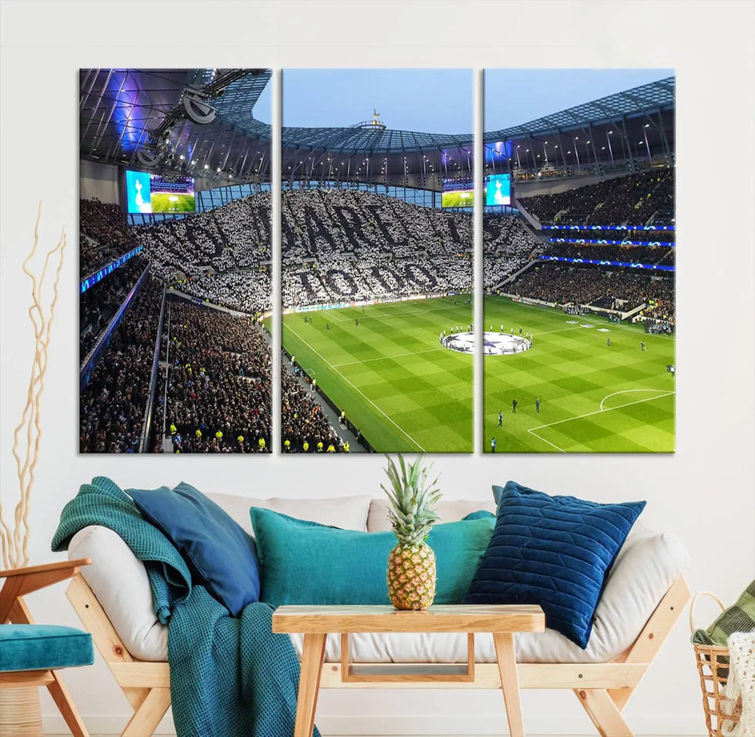 The Tottenham Hotspur Stadium Match Day Triple Canvas Wall Art - Premier League Football perfectly captures a vibrant stadium crowd spelling out "Dare" with cards, overlooking the soccer field. This piece embodies the essence of a true football enthusiast's space, reminiscent of thrilling moments at the Tottenham Hotspur Stadium.