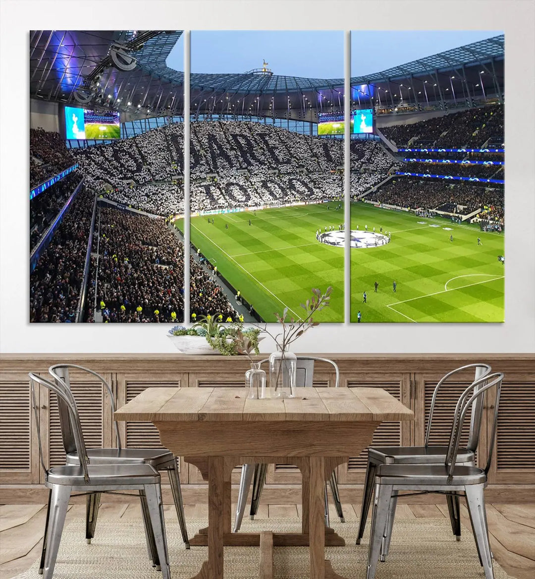 The Tottenham Hotspur Stadium Match Day Triple Canvas Wall Art - Premier League Football perfectly captures a vibrant stadium crowd spelling out "Dare" with cards, overlooking the soccer field. This piece embodies the essence of a true football enthusiast's space, reminiscent of thrilling moments at the Tottenham Hotspur Stadium.