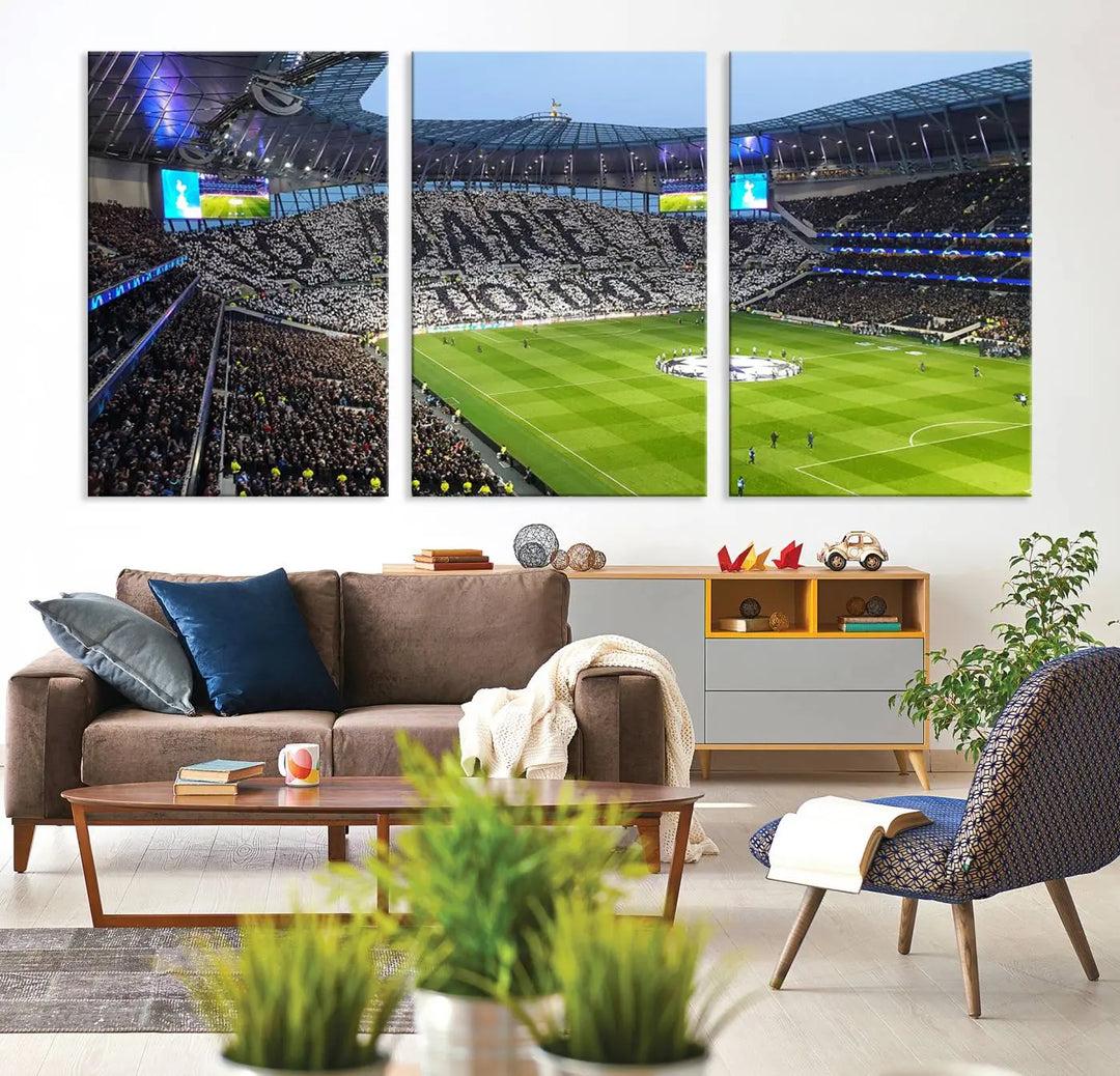 The Tottenham Hotspur Stadium Match Day Triple Canvas Wall Art - Premier League Football perfectly captures a vibrant stadium crowd spelling out "Dare" with cards, overlooking the soccer field. This piece embodies the essence of a true football enthusiast's space, reminiscent of thrilling moments at the Tottenham Hotspur Stadium.