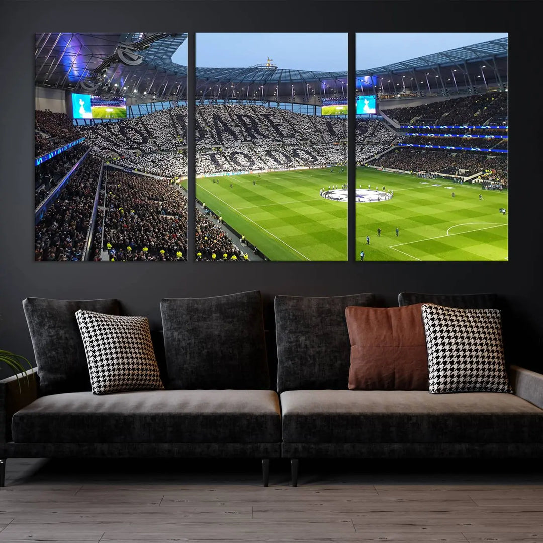 The Tottenham Hotspur Stadium Match Day Triple Canvas Wall Art - Premier League Football perfectly captures a vibrant stadium crowd spelling out "Dare" with cards, overlooking the soccer field. This piece embodies the essence of a true football enthusiast's space, reminiscent of thrilling moments at the Tottenham Hotspur Stadium.