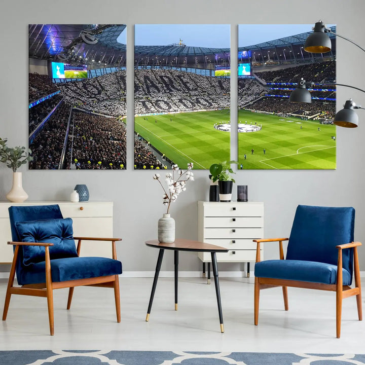 The Tottenham Hotspur Stadium Match Day Triple Canvas Wall Art - Premier League Football perfectly captures a vibrant stadium crowd spelling out "Dare" with cards, overlooking the soccer field. This piece embodies the essence of a true football enthusiast's space, reminiscent of thrilling moments at the Tottenham Hotspur Stadium.