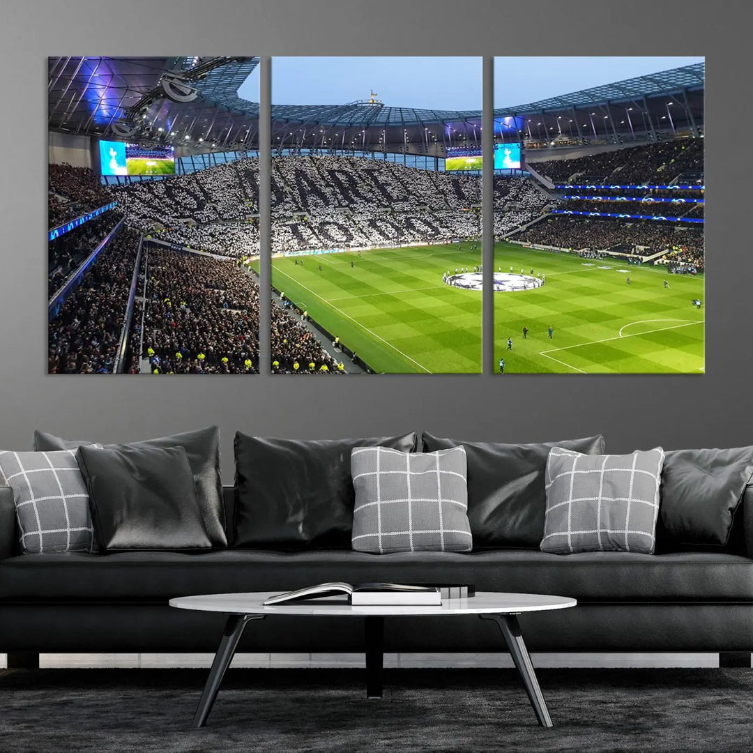 The Tottenham Hotspur Stadium Match Day Triple Canvas Wall Art - Premier League Football perfectly captures a vibrant stadium crowd spelling out "Dare" with cards, overlooking the soccer field. This piece embodies the essence of a true football enthusiast's space, reminiscent of thrilling moments at the Tottenham Hotspur Stadium.