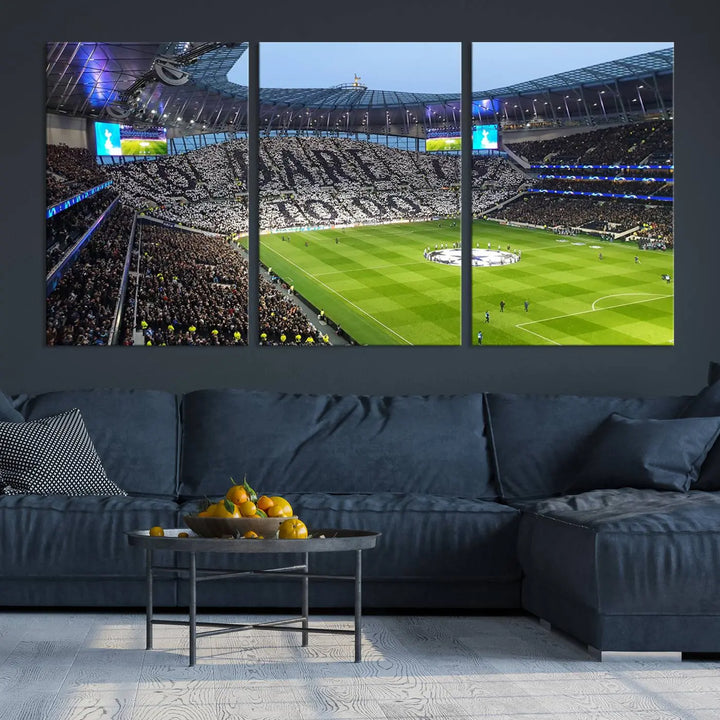 The Tottenham Hotspur Stadium Match Day Triple Canvas Wall Art - Premier League Football perfectly captures a vibrant stadium crowd spelling out "Dare" with cards, overlooking the soccer field. This piece embodies the essence of a true football enthusiast's space, reminiscent of thrilling moments at the Tottenham Hotspur Stadium.